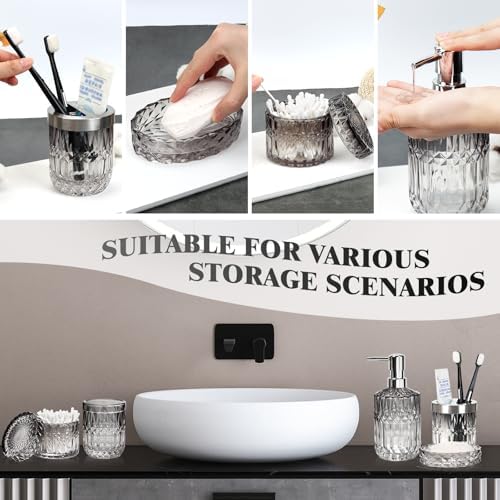 Bathroom Clear Glass Accessories Set, 5Pcs Bathroom Soap Dispenser Set, Glass Bathroom Accessories with Glass Soap Dispenser, Soap Dish, Toothbrush Holder, Tumbler, Cotton Swab Jar (Black & Clear)