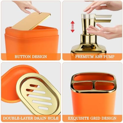 XLHOMO Bathroom Accessories Set - 25PC Bathroom Set with Shower Curtain and Rugs, Orange Bathroom Set, Bathroom Accessory Set with Press-on Lid Trash Can, Soap Dispenser and Qtip Holders for Home