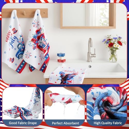 FuWeave 8 Pcs 4th of July Shower Curtain Set, Patriotic Gnome & Truck Bathroom Decor, 250th Anniversary White Red Blue American Flag, Includes Towels, Non-Slip Rugs, Toilet Lid Cover & 12 Hooks
