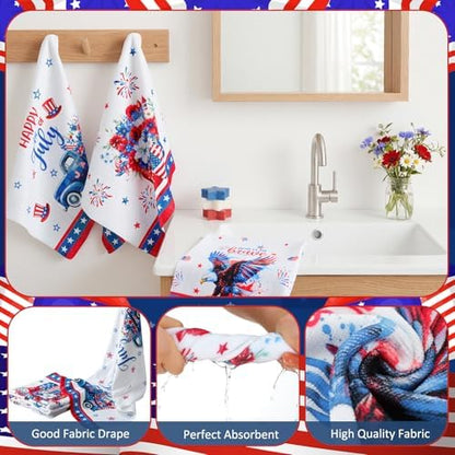 FuWeave 8 Pcs 4th of July Shower Curtain Set, Patriotic Gnome & Truck Bathroom Decor, 250th Anniversary White Red Blue American Flag, Includes Towels, Non-Slip Rugs, Toilet Lid Cover & 12 Hooks