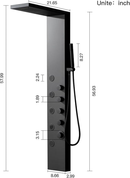 Homevacious Stainless Steel Shower Panel Tower System, Rainfall Waterfall Shower Head,5 Massage Body Jets and Handheld,Wall Mounted Multi-Function Bathroom Shower Panel,Matte Black