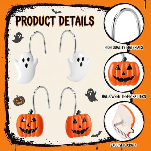 Thyle 12 pcs Halloween Shower Curtain Hooks Decorative Resin Ghost and Pumpkin Shower Curtain Rings Metal Hangers Bathroom Holiday Decoration Accessories for Bathroom Halloween Party