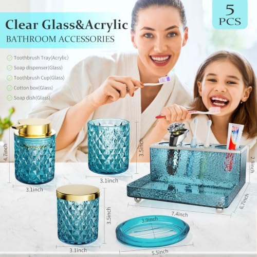 Glass Bathroom Accessories Set 5Pcs Crystal Teal, Foaming Soap Dispenser, Soap Dish, Cup, Acrylic Toothbrush Holder with Tray Organizer, Cotton Swab Jar, Bathroom Counter Set Sink Decor