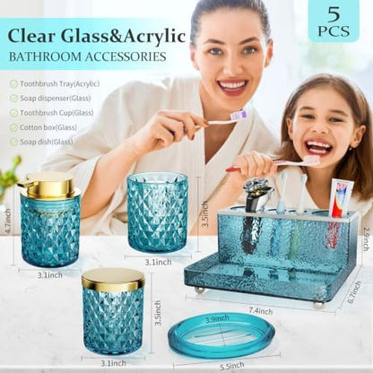 Glass Bathroom Accessories Set 5Pcs Crystal Teal, Foaming Soap Dispenser, Soap Dish, Cup, Acrylic Toothbrush Holder with Tray Organizer, Cotton Swab Jar, Bathroom Counter Set Sink Decor