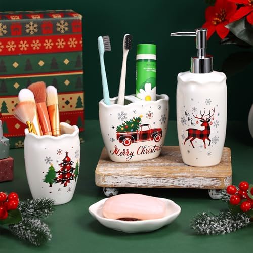 Newtay Christmas 4 Pcs Ceramic Bathroom Accessories Set, Toothbrush Holder