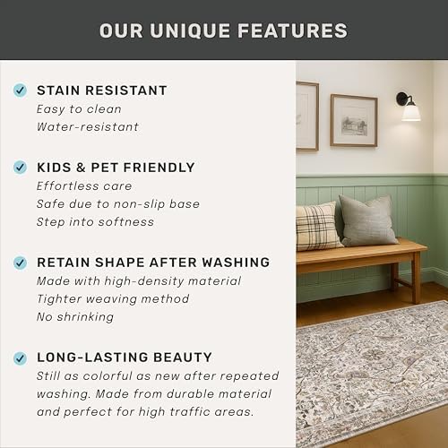 Boho 2'6"x8' Long Kitchen Runner Rugs Non Skid Washable, Stain Resistant Carpet Runners for Hallway 8ft, Low Pile Non Slip Rubber Backing Runner Rug for Kitchen, Traditional Floral Home Décor