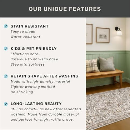 Moss Washable Dining Room Rug, 6x9 Floral Area Rug for Living Room, Boho Farmhouse Décor Low Pile Soft Bedroom Carpet, Brown Taupe Home Décor, Non Slip & Stain Resistant