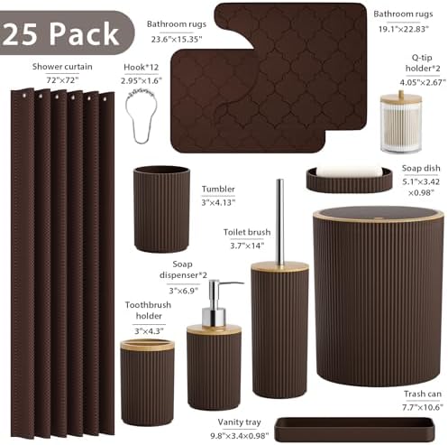 Bathroom Accessories Set 25 PCS, Brown Shower Curtains Set