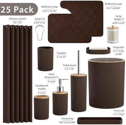 Bathroom Accessories Set 25 PCS, Brown Shower Curtains Set