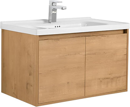 Blossom 32 Inch Bathroom Vanity with Sink, All Wood Wall Mounted Floating Bathroom Vanity with Ceramic Sink, Modern Soft-Close Doors & Storage, Bathroom Sink Cabinet, Classic Oak, 32'' Ceramic Sink