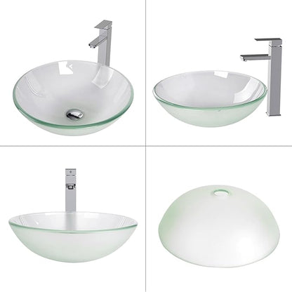 Bathroom Vessel Sink, Tempered Glass Vanity Round Bowl with Chrome Faucet and Pop up drain Set, Frosted