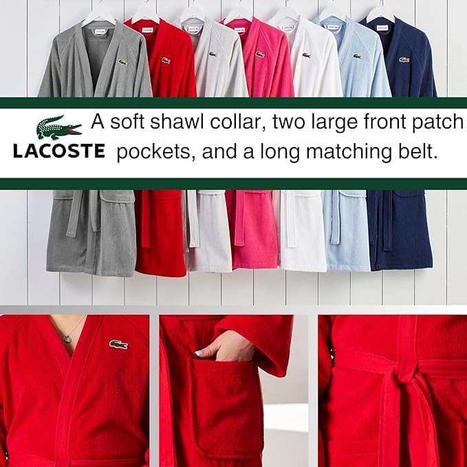 Lacoste Classic Pique Bath Robe, 100% Soft Cotton Terry, Unisex Adult Bathrobe, Absorbent & Quick Drying, One Size Fits Most