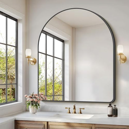 GLASHOM Arched Bathroom Mirror, 40"x48" Black Arched Mirror for Bathroom, Wall Mounted Mirror, Black Vanity Wall Mirror w/Metal Frame for Bedroom, Entryway, Living Room, Vertically Hanging