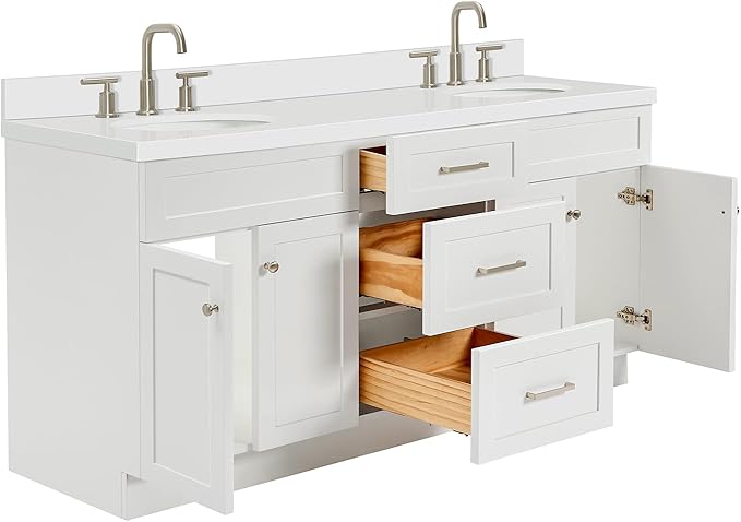 ARIEL Hamlet 72-inch Bathroom Vanity with Sink,Solid Wood, 1.5-inch Pure White Quartz Countertop & Backsplash, Double Oval Porcelain Sink, 4 Soft Closing Doors, 3 Dovetail Drawers, White