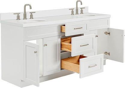 ARIEL Hamlet 72-inch Bathroom Vanity with Sink,Solid Wood, 1.5-inch Pure White Quartz Countertop & Backsplash, Double Oval Porcelain Sink, 4 Soft Closing Doors, 3 Dovetail Drawers, White