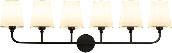 Bathroom Vanity Light, Matte Black Bathroom Lighting Fixtures Over Mirror | 6-Light Bathroom Light Fixtures with Flared White Fabric Shade, E26 Socket (ETL Listed)