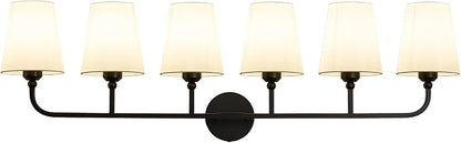 Bathroom Vanity Light, Matte Black Bathroom Lighting Fixtures Over Mirror | 6-Light Bathroom Light Fixtures with Flared White Fabric Shade, E26 Socket (ETL Listed)