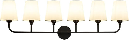 Bathroom Vanity Light, Matte Black Bathroom Lighting Fixtures Over Mirror | 6-Light Bathroom Light Fixtures with Flared White Fabric Shade, E26 Socket (ETL Listed)