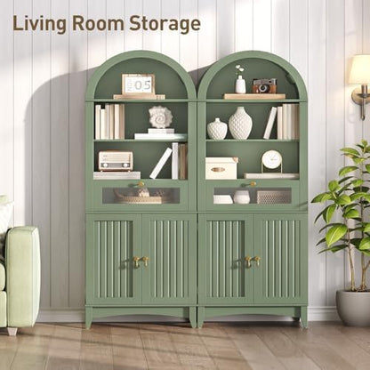 RALGEND 66" Tall Bathroom Storage Cabinet with Flip Drawer, Freestanding Storage Cabinet with Doors & Shelves,Arched Cabinets for Bathroom, Living Room, Kitchen, Laundry, Green