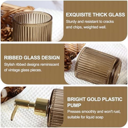 KASUNTING Brown Glass Bathroom Accessories 4 Pcs, Brown Bathroom Set, Soap Dispenser and Toothbrush Holder Set, Qtip Holder Set, Vintage Bathroom Sink Set, Modern Bathroom Decor