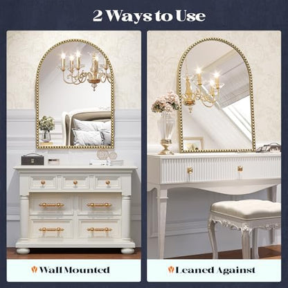 Arched Beaded Mirror for Bathroom,24"x32" Antique Glod Wall Mirror