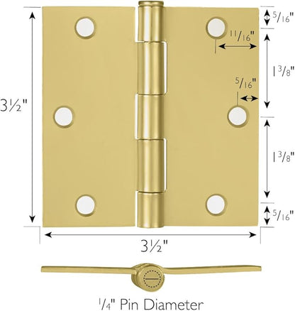 9-Pack Satin Brass Interior Door Hinges – 3.5-inch x 3.5-inch – Square Corner Radius Steel Door Hinge – Fits Standard Doors – Design House 185983