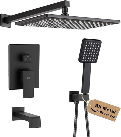 Matte Black Shower Tub Faucet Set Bathroom Rain Shower System with Tub Spout Wall Mounted Rainfall 12 Inch Shower Head and Handle Set Include Shower Valve and Trim Kit