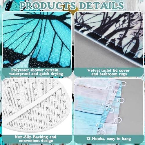 FuWeave 8 Pcs Teal Daisy Shower Curtain Set for Bathroom Include Farmhouse Rustic Daisy Flower Shower Curtain Towels Non Slip Rugs Toilet Lid Cover Bath Mat and 12 Hooks for Bathroom Decor