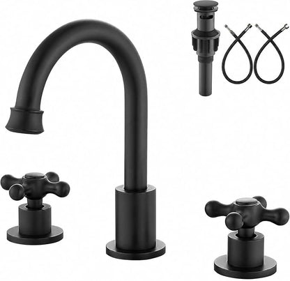 3 Hole Bathroom Sink Faucet Widespread Metal Label Matte Black | High-Arc Swivel Spout,Pop Up Drain,Cross Handle,cUPC Hose,for 6-16″Centerset Basin,Farmhouse,RV,Vanity,Lavatory 8" Mixer Tap