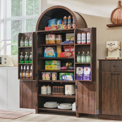 IFGET 71" Tall Arched Kitchen Pantry, Modern Fluted Storage Cabinet, Brown