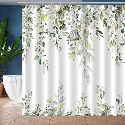 Eucalyptus Shower Curtain, Aesthetic Art Watercolor Plant Leaves with Floral Bathroom Decor, Waterproof Fabric Cloth Bath Curtain Set with Hooks (Green, 72" W x 72" L)