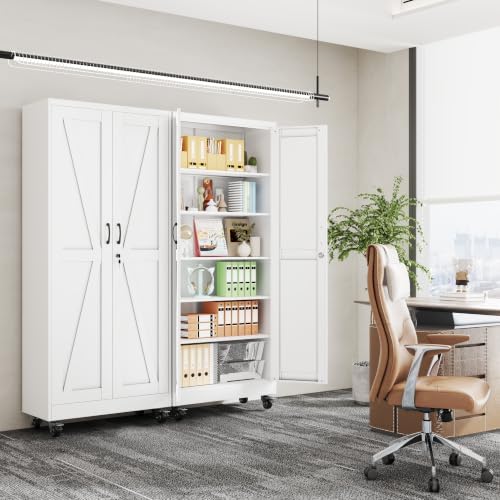 75" Metal Garage Storage Locker Cabinet with Wheels,Rolling White Farmhouse Kitchen Pantry Cabinet with 2 Doors and 5 Adjustable Shelves, Steel File Tool Cabinet for Home Office Warehouse