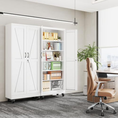 75" Metal Garage Storage Locker Cabinet with Wheels,Rolling White Farmhouse Kitchen Pantry Cabinet with 2 Doors and 5 Adjustable Shelves, Steel File Tool Cabinet for Home Office Warehouse