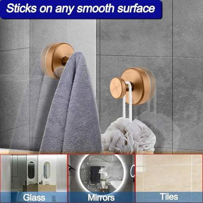 Bntuk Suction Cup Hooks for Shower, Removable Towel Hooks for Bathroom Window Glass Door Wall, Bath Robe Looafh Wreath Hook for Hanging - 2 Pack, Champagne Bronze
