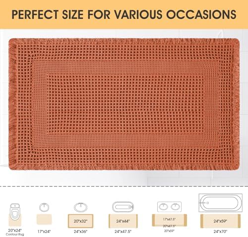 Upgrade Waffle Bath Mat, Boho Bathroom Rugs Absorbent Non Slip, Ultra Soft Bathroom Mat, Machine Washable Knit Bath Rugs with Tassels for Bathroom, Bedroom, Kitchen,Shower,Tub, 36"x24", Burnt Orange