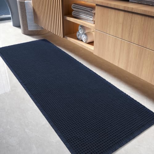 tchdio Waffle Bath Mat-Runner Rug, Super Absorbent Non Slip Bath Mats for Bathroom Machine Washable Long Rugs with Tassels, Bath Rugs for Bathroom Floor Beside Tub, 2' x 6'(24" x 72"), Navy Blue