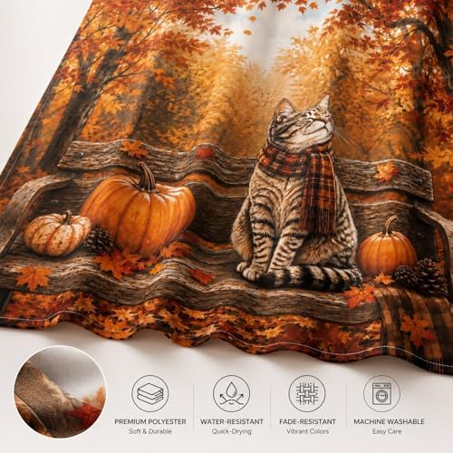 Fall Cat Shower Curtain, Autumn Forest Pumpkin Thanksgiving Bathroom Curtains, Rustic Farmhouse Maple Leaves Cozy Waterproof Polyester Fabric Shower Curtain with Hooks 72x72 Inch