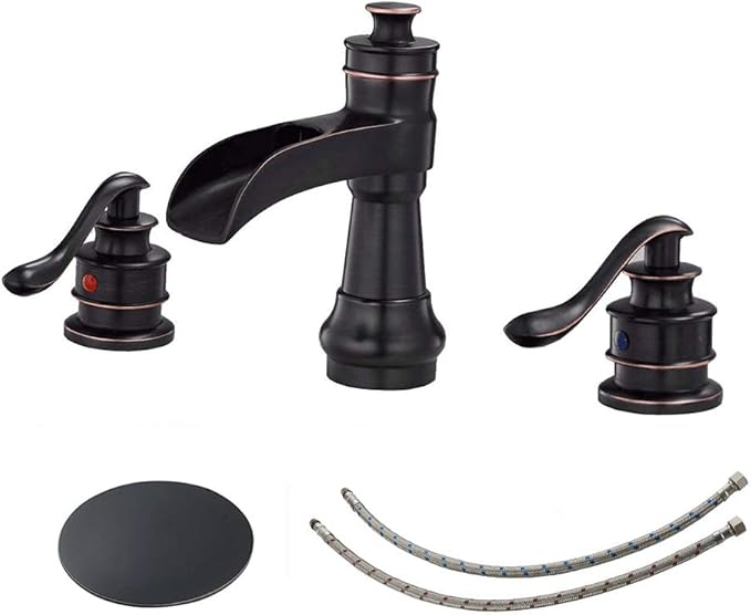 BWE Waterfall Widespread Bathroom Faucet 3 Hole Oil Rubbed Bronze Farmhouse 8 Inch Pop Up Drain Stopper Assembly Overflow Supply Line Faucets Parts Two Handle Bath Vanity Lavatory Sink
