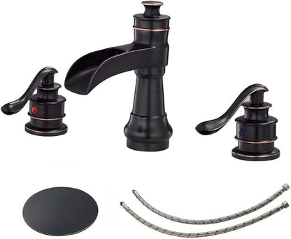 BWE Waterfall Widespread Bathroom Faucet 3 Hole Oil Rubbed Bronze Farmhouse 8 Inch Pop Up Drain Stopper Assembly Overflow Supply Line Faucets Parts Two Handle Bath Vanity Lavatory Sink