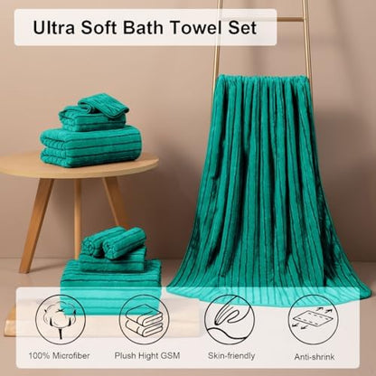 4 Pcs Teal Cabana Stripe Large Bath Sheets Soft Microfiber Bathroom Towels