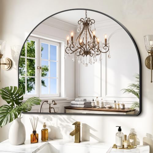 GLASHOM Arched Bathroom Vanity Mirror, 36"x30" Black Frame Wall Mirror