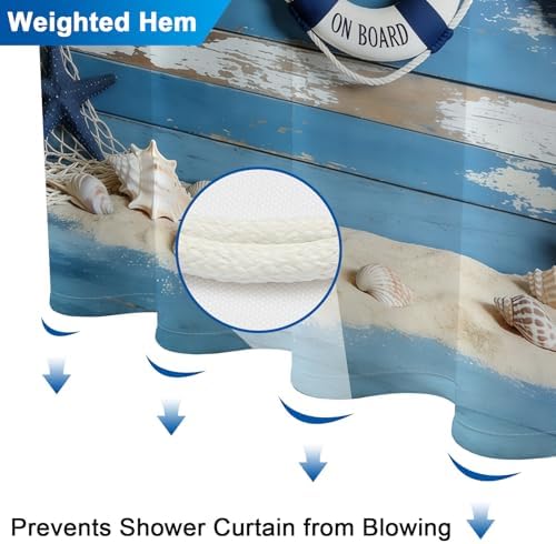 Waterproof Nautical Shower Curtain with Hooks, Deck Swim Ring Fabric Shower Curtains for Bathroom, Metal Grommets & Weighted Hem, Machine Washable Bathroom Shower Curtain Set, 72" W x 72" L