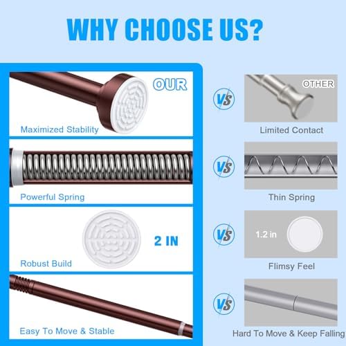 TEECK Shower Curtain Rod, 32-92 inch Adjustable Spring Tension Curtain Rod, Never Rust Anti-Slip Shower Curtain Rod for Bathroom, No Drilling, Never Collapse, Easy to Use, Brown