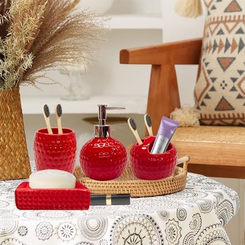 Bathroom Accessories Set,4 Pcs Red Ceramic Bathroom Accessory Set Complete with Toothbrush Holder,Tumbler,Lotion Dispenser, Soap Dish Perfect for Bathroom Theme Gift