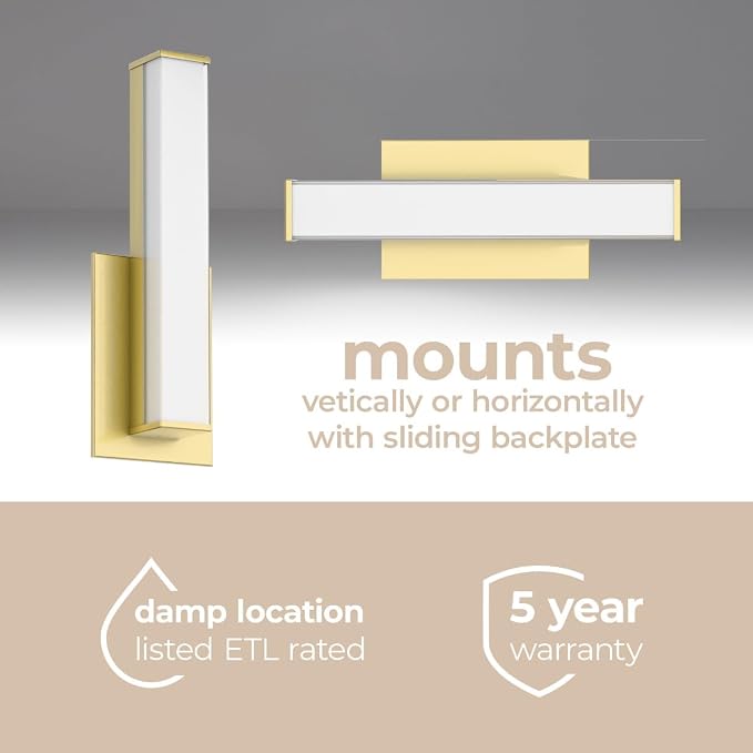 Edge Advantage 14in LED Bathroom Vanity and Wall Light 15W 1,250 Lumens 5-CCT Selectable 2700-3000-3500-4000-5000K in Aged Brass with Adjustable Backplate