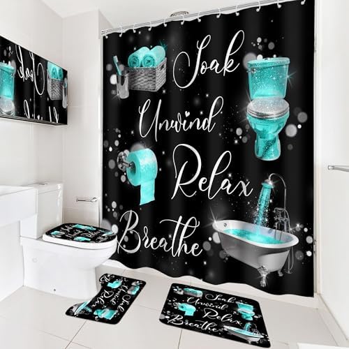 Teal Black Funny Quotes Positive 4Pcs Bathroom Shower Curtain Set with Rugs