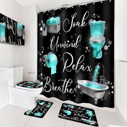 Teal Black Funny Quotes Positive 4Pcs Bathroom Shower Curtain Set with Rugs