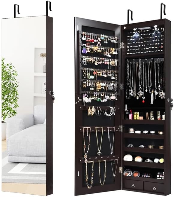 Moccha Wall Door Jewelry Armoire, Full Screen Jewelry Cabinet for Bedroom, Lockable Jewelry Cabinet, Jewelry Organizer Storage with 2 LED Lights and 2 Drawers, Brown