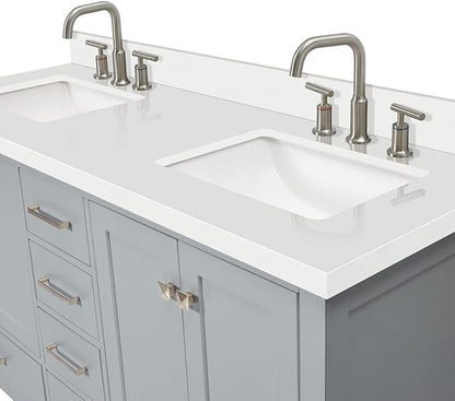 DKB Beckford 60-Inch Grey Double Bathroom Vanity with Sink, Solid Wood Base, 1.5-Inch White Quartz Countertop & Backsplash, Rectangular Undermount Sinks, 4 Soft Closing Doors, 6 Drawers