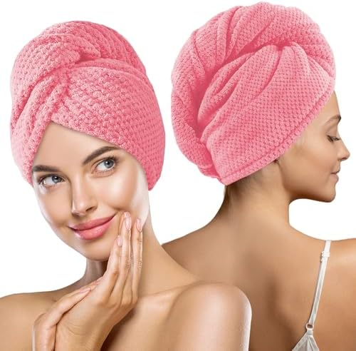 MaopaoBeauty 2 Pack Microfiber Hair Towel Wrap for Women, Lint Free Quick Drying Hair Turban for All Hair Style, Absorbent and Lightweight Hair Towel for Daily Use, Hot Pink